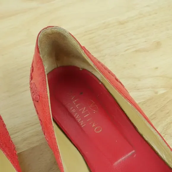 Valentino Garavani 38 Shoes Slip On Ballet Flats Peep Toe Red Leather Luxury - Picture 6 of 16